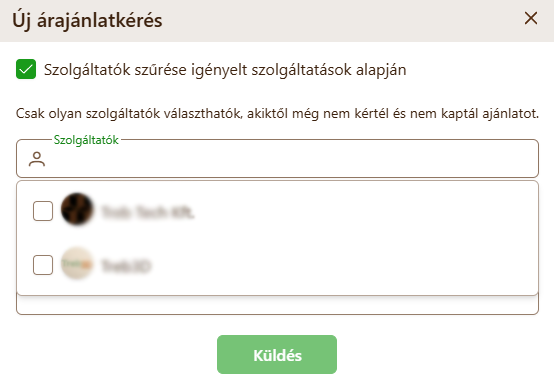 Új árajánlatkérés - Megrendelés oldalon